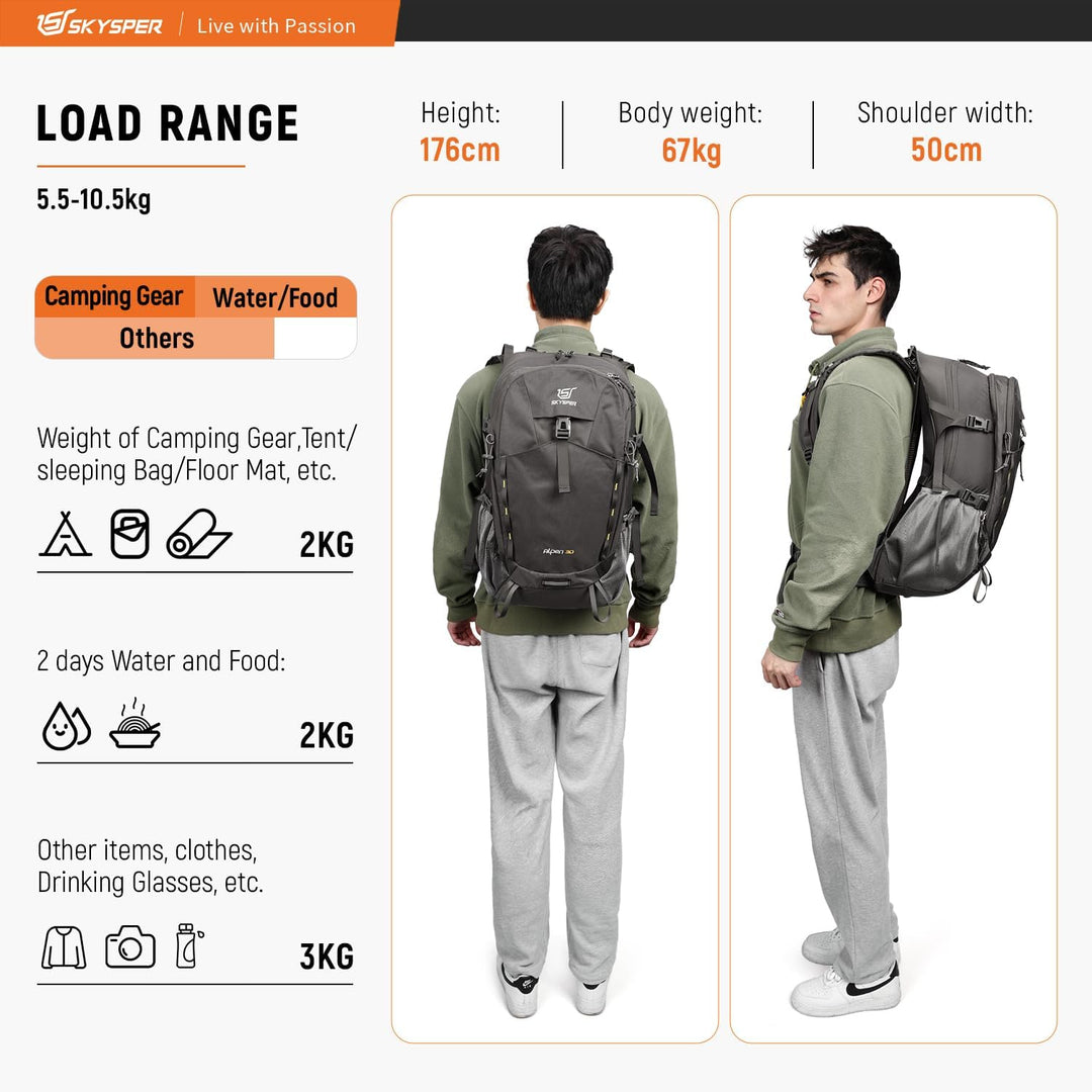 SKYSPER Wanderrucksack 30L Trekkingrucksack Wasserfest mit Rückenbelüftung und Netzrücken Tagesausfl