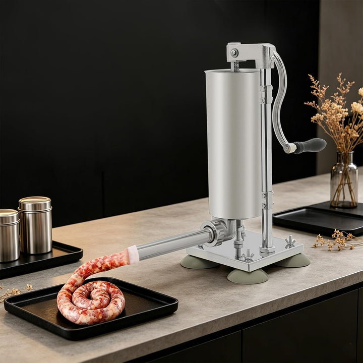 urstfüller 3L 6lbs manuell, vertikale Wurstfüllmaschine mit Edelstahl-Fass, Handkurbel, 4 Saugnäpfen