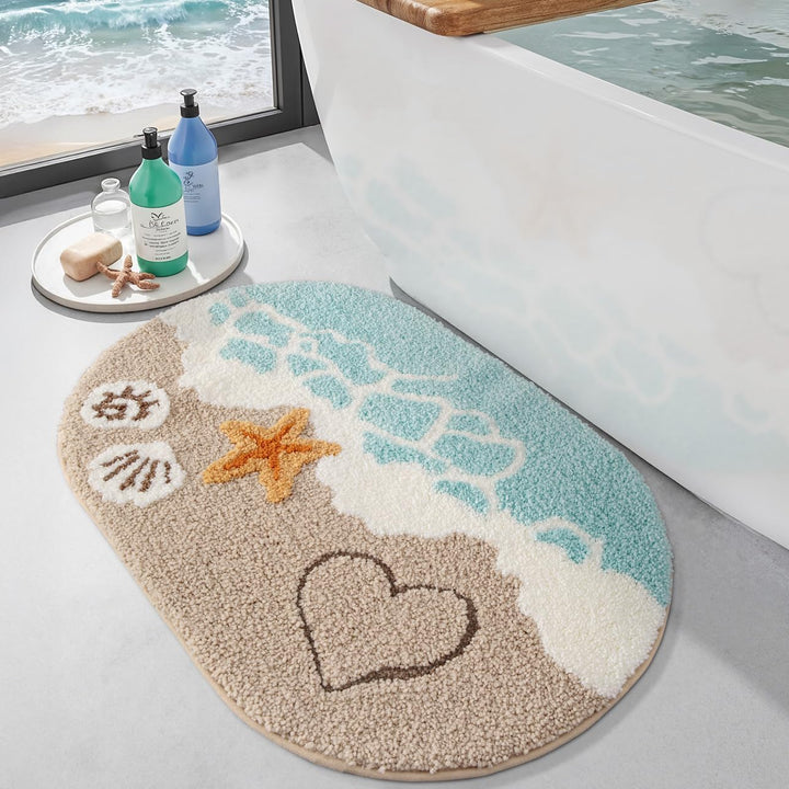 DEXI Ovale Badezimmerteppich 54 x 86 cm, Badematte rutschfest Absorbierende mit Seestern-Strand Must