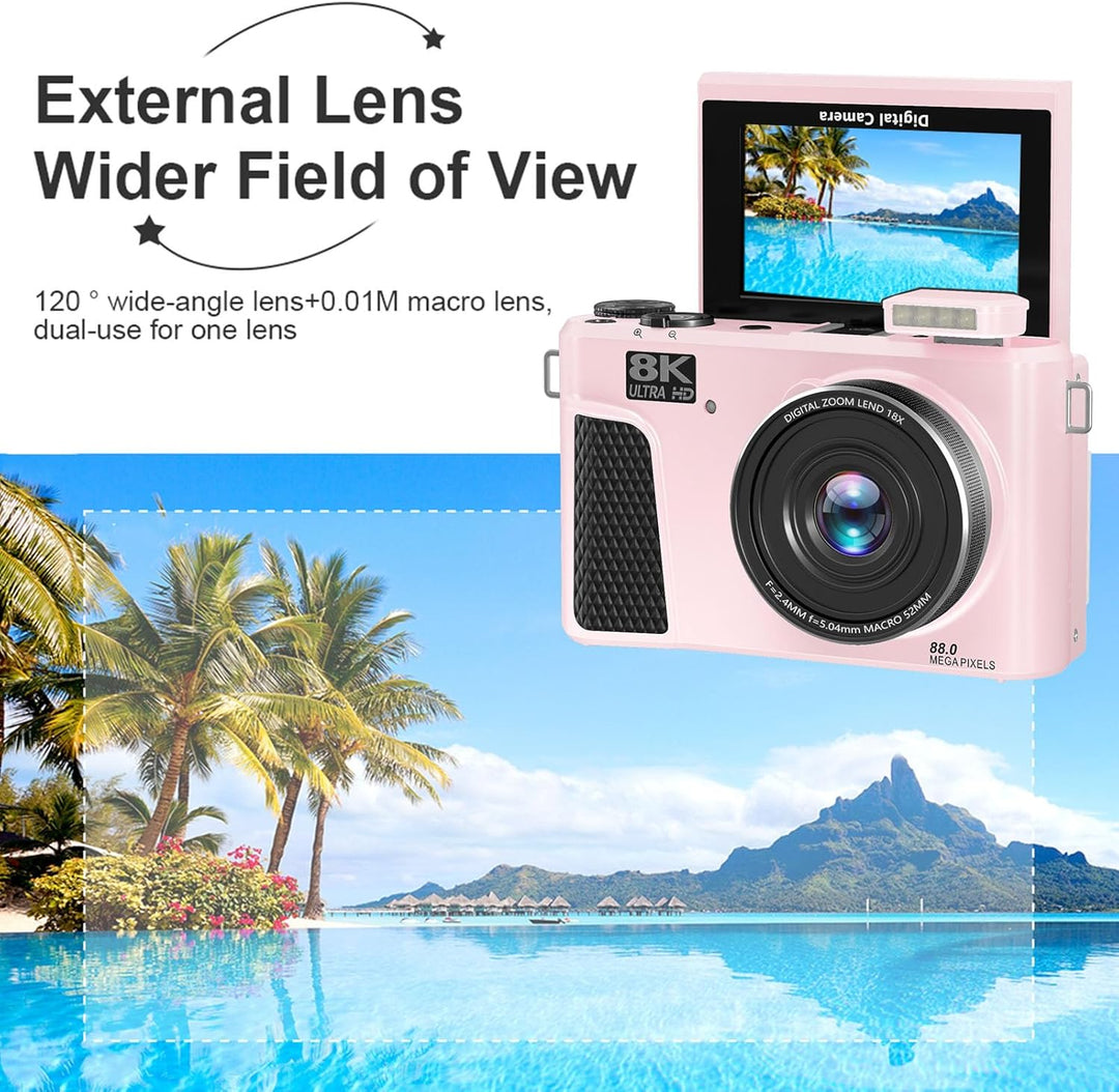 8K Digitalkamera für Fotografie, WiFi 88MP Vlogging -Kameras mit 3 "180 ° Flip -Bildschirm, Autofoku