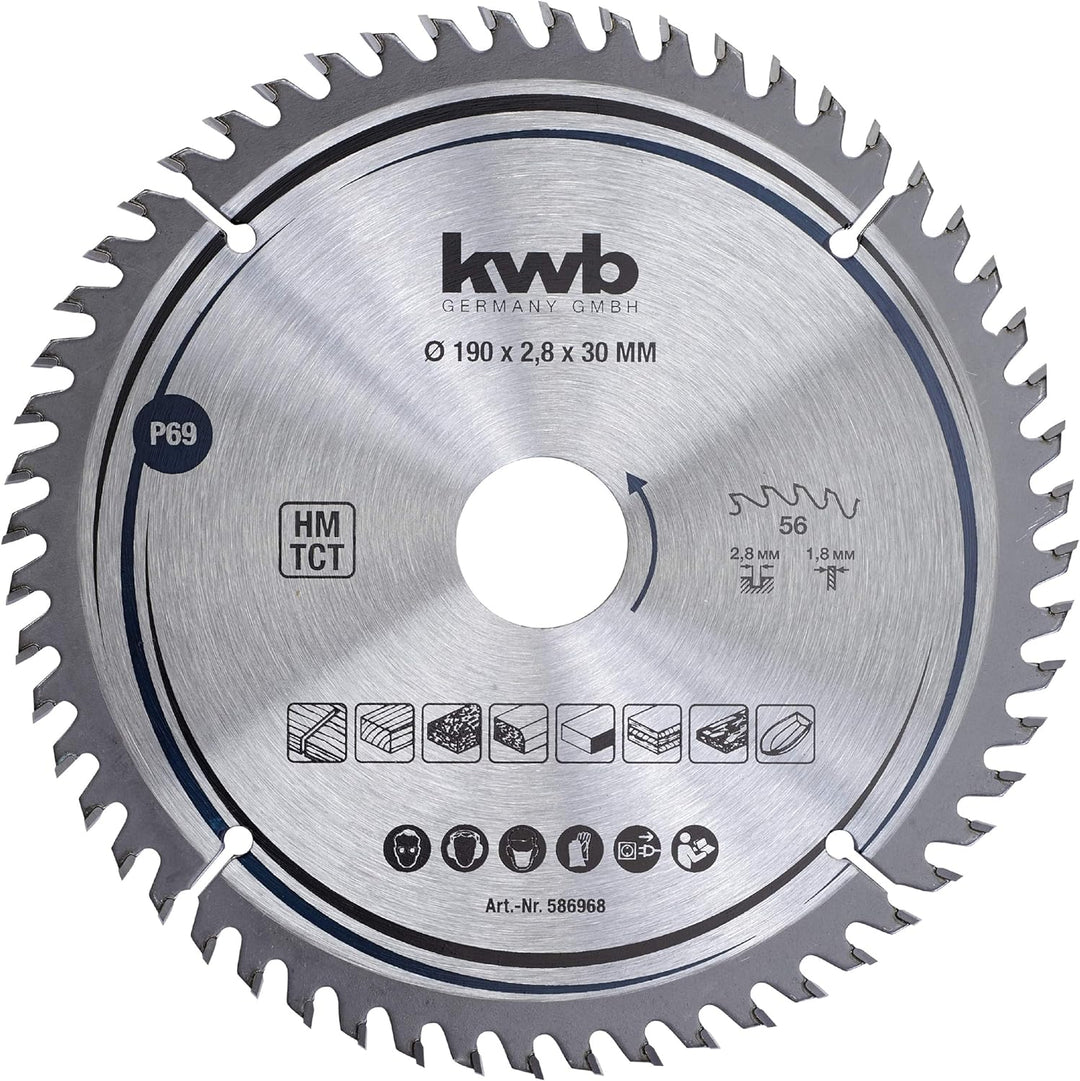 kwb Kreissägeblatt 190 x 30 mm, sehr feiner Schnitt, Sägeblatt geeignet für Arbeitsplatten, Holz und