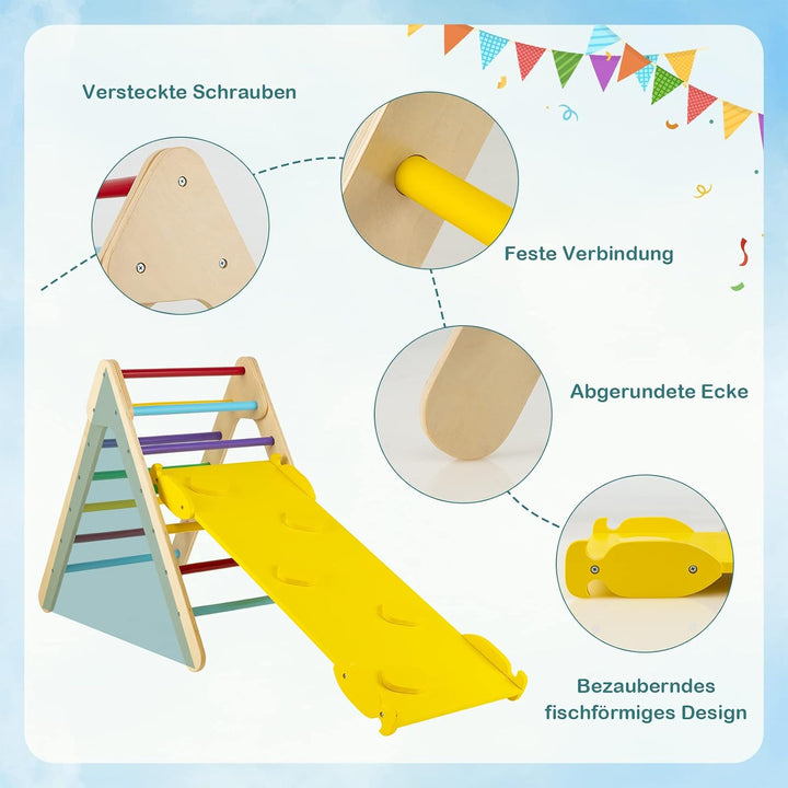COSTWAY Kletterdreieck mit Rutsche, Klettergerüst Indoor ab 1 Jahr, Sprossendreieck Kletterrampe aus