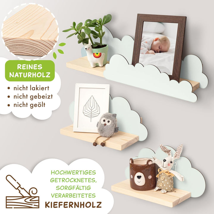 Outentin Wandregal Wolke aus Holz – 3er Set Kinderregal für Kinderzimmer & Babyzimmer – Handgefertig