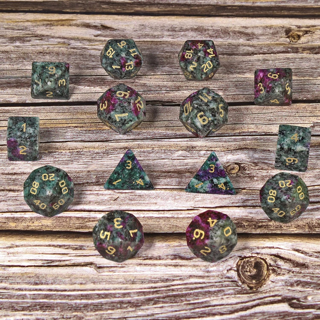 KYEYGWO Rubin in Fuchsite Kristall Polyedrische Würfel Set, 7pcs Reiki Heilung Stein Polyedrischer S