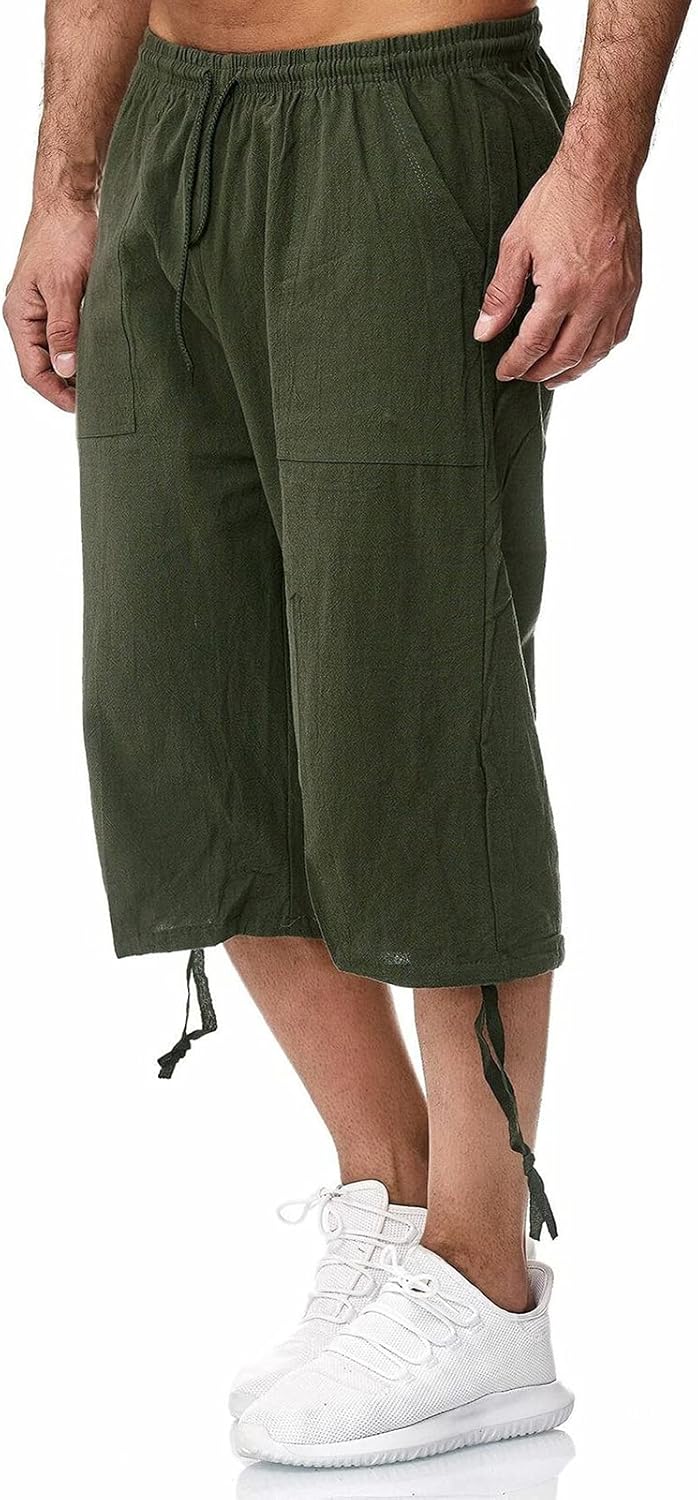 Remxi Herren-Shorts, 3/4-Leinen-Shorts, lockere Passform, Sommer, lässige Cargohose M Grün, M Grün