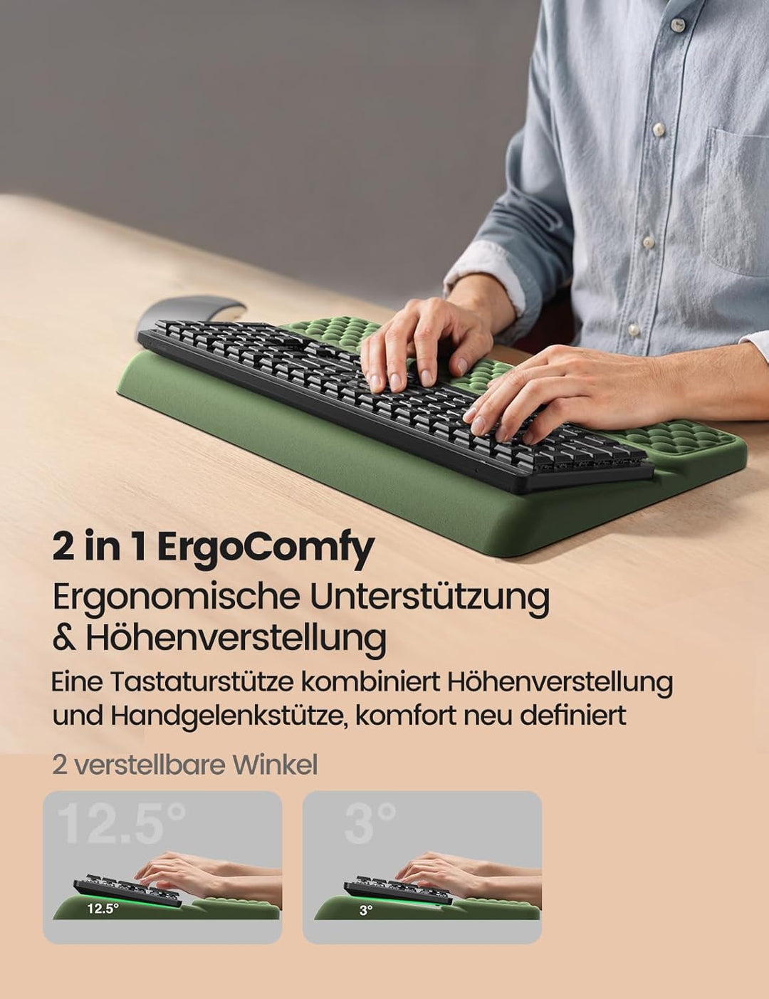 VAYDEER Ergonomie-Set mit Tastatur-Handauflage, Handgelenkauflage und Mauspad – Memory-Schaum, Rutsc