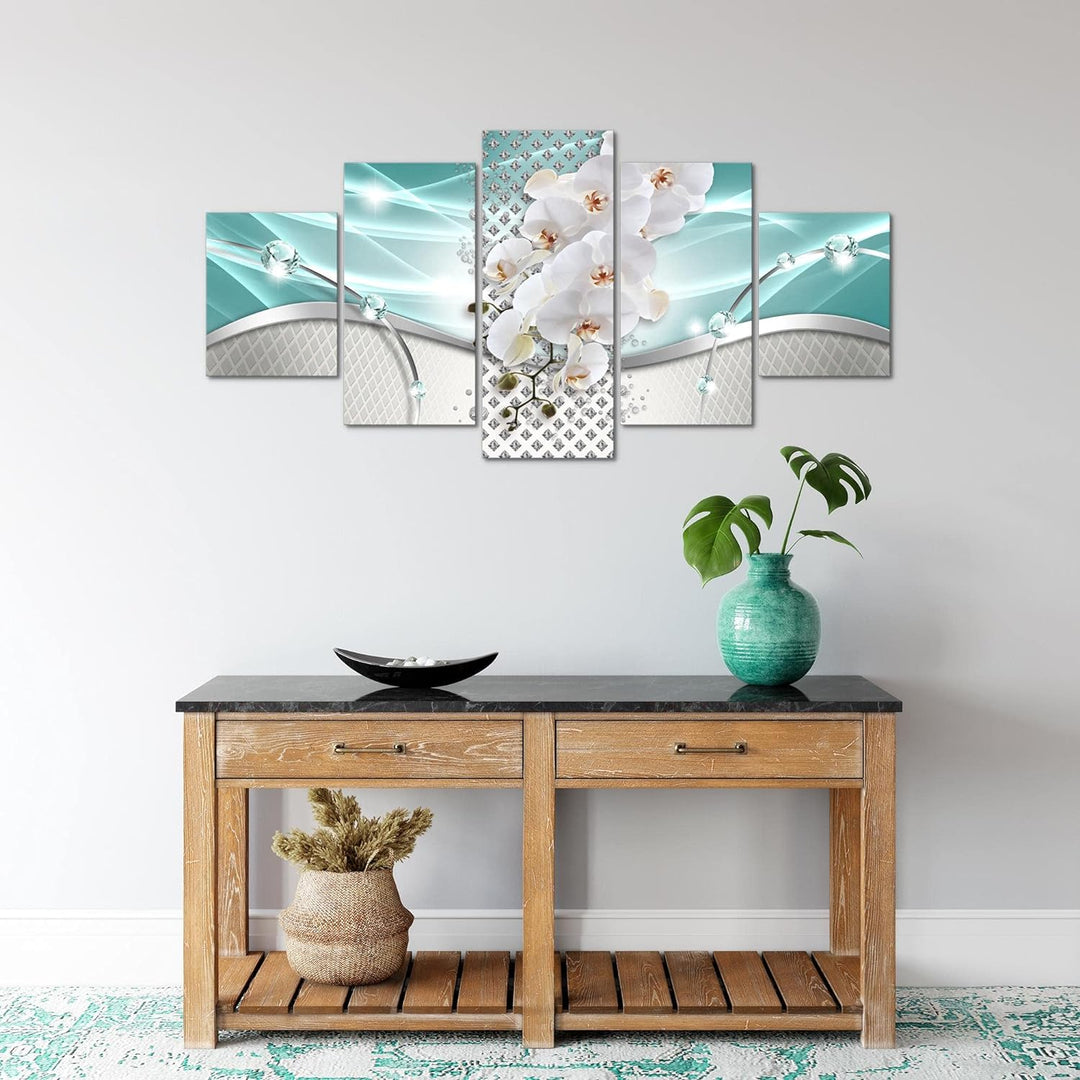 Runa Art Wandbilder Blumen Orchidee 5 Teilig Bild auf Vlies Leinwand Deko Wohnzimmer Abstrakt Türkis