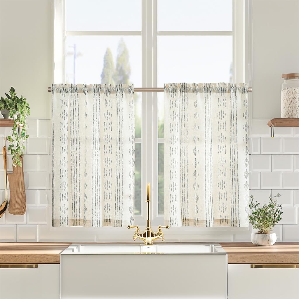 Vangao Scheibengardinen Modern Küche Boho Gestreift Leinenoptik Bistrogardine 2er Set 65Bx60Hcm Geom
