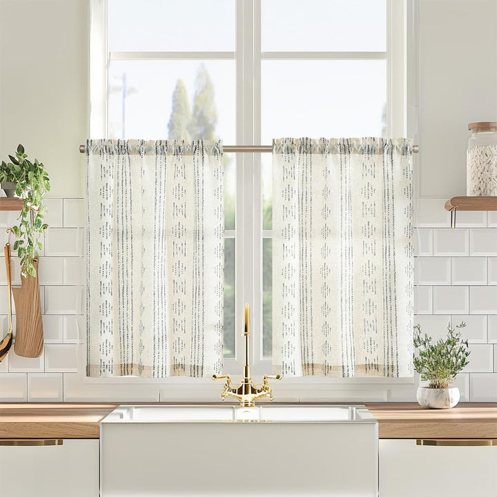 Vangao Scheibengardinen Modern Küche Boho Gestreift Leinenoptik Bistrogardine 2er Set 65Bx60Hcm Geom