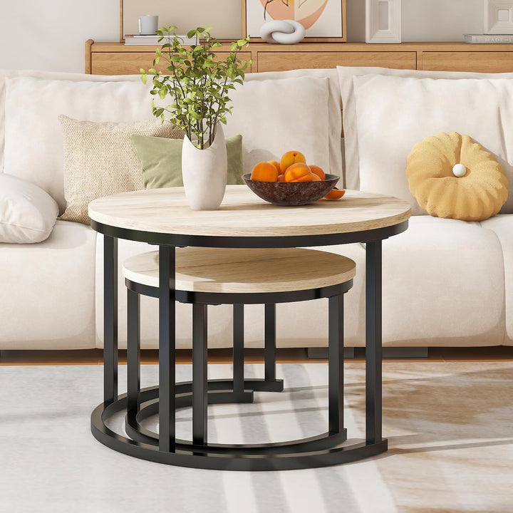Couchtisch Rund, 2er Set Sofa Couchtisch Industrial Style, verschachtelte Beistelltische aus Metall