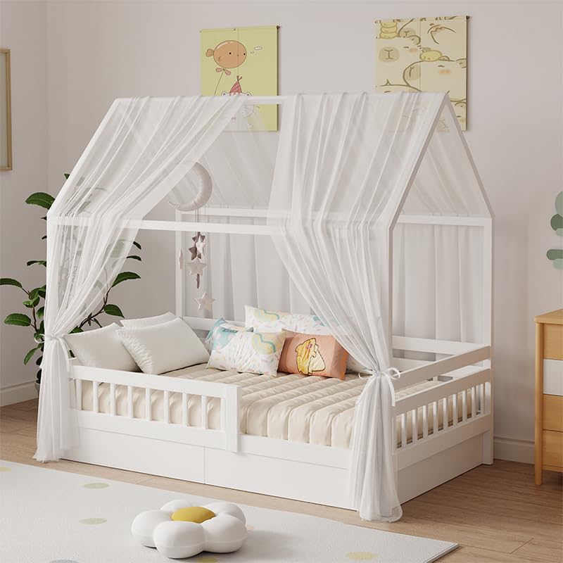 Hausbett Himmel Set, 2 Stück Betthimmel Hausbett für Hausbett Deko, Bett Vorhang für Mädchen Jungen