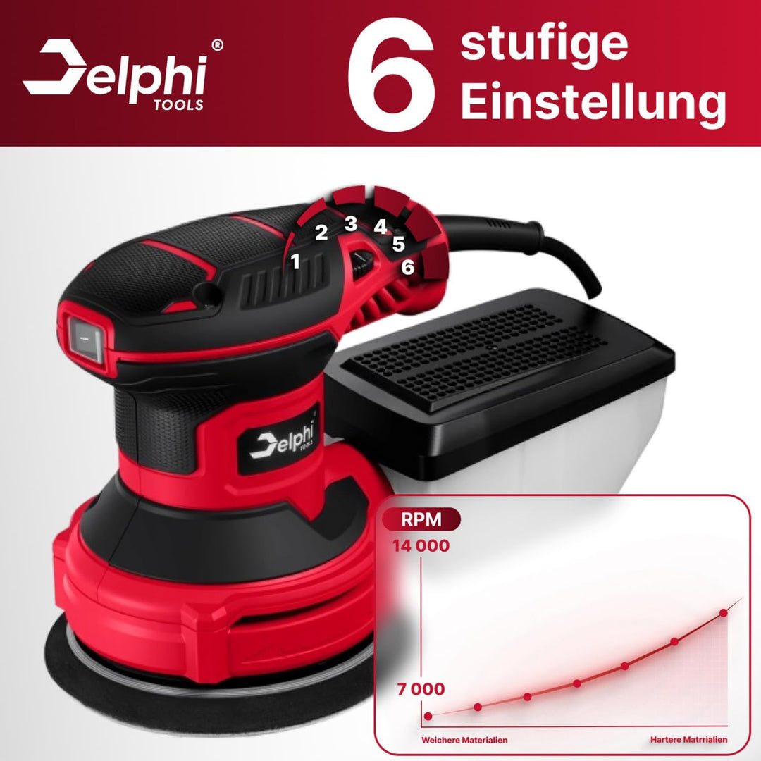 Delphi Exzenterschleifer 125mm mit Absaugung und 20 Schleifpapieren - Exenterschleifmaschine 300W mi
