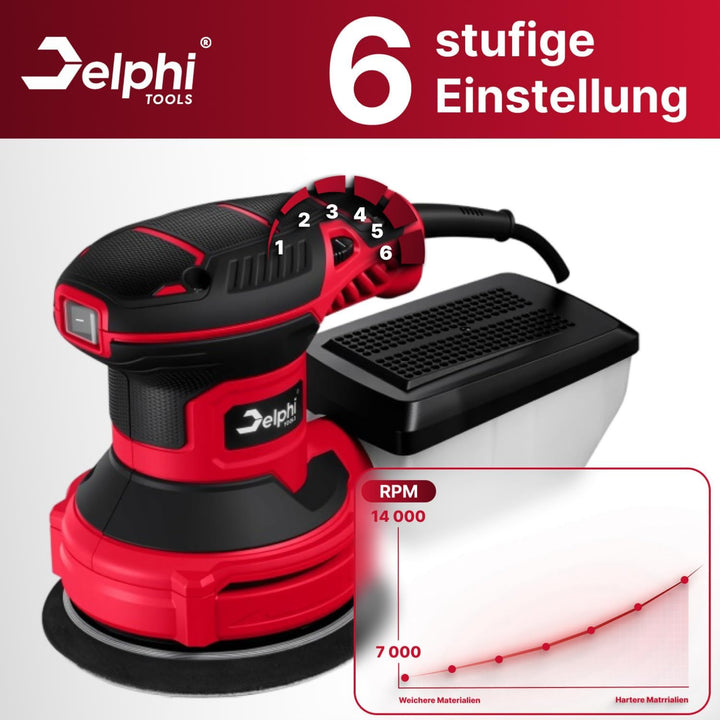 Delphi Exzenterschleifer 125mm mit Absaugung und 20 Schleifpapieren - Exenterschleifmaschine 300W mi