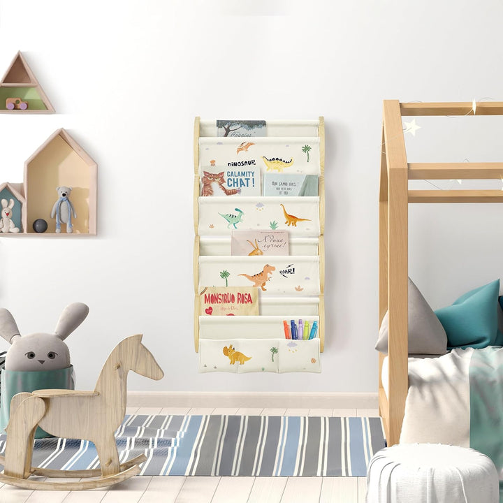 Bücherregal Kinder Wand Kinderbücherregal Montessori mit 4 Ablagen & 3 Taschen Kinderregal Wandregal