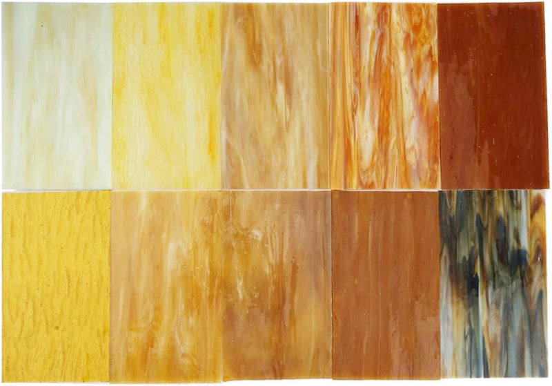Lanyani Buntglasplatten, 10,2 x 15,2 cm, Tiffany-Glas, gemischte Texturen, 10 Blatt Bernstein, Berns