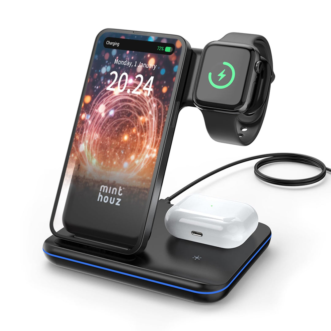Minthouz Wireless Charger, 3 in 1 Induktive Ladestation mit 18W Adapter für mehrere Geräte Apple, iW