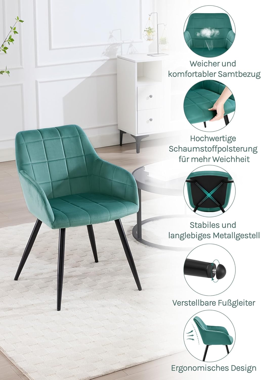 WOLTU Esszimmerstühle 4er Set Sessel Küchenstuhl Polsterstuhl Wohnzimmerstuhl mit Armlehnen, Sitzflä