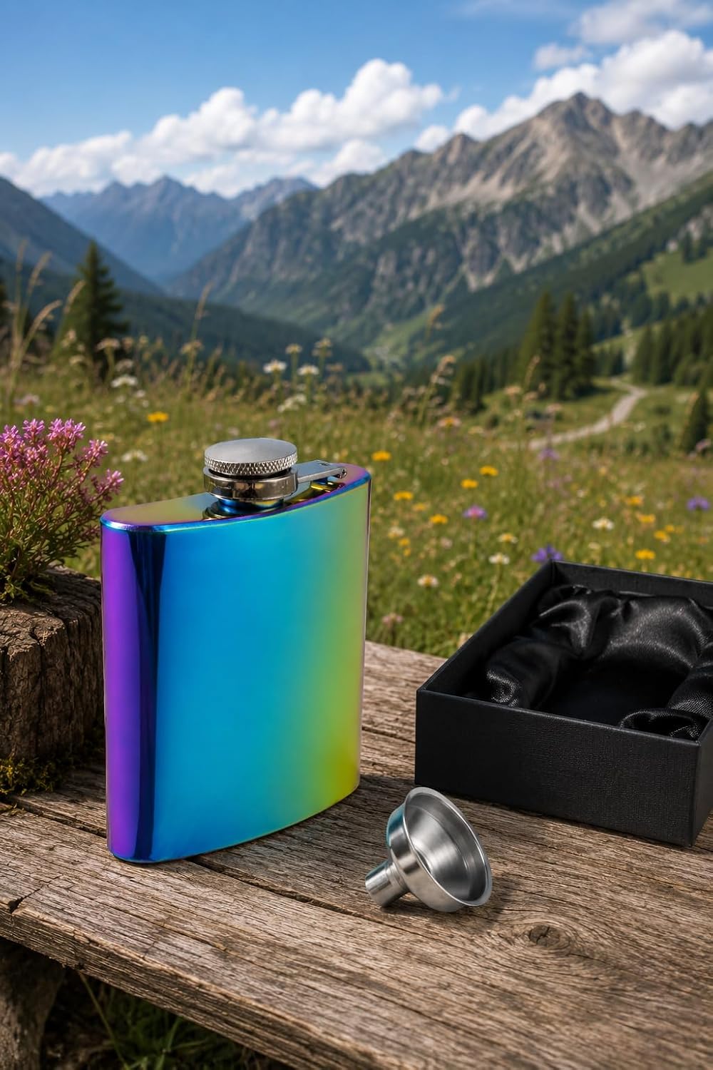 Edelstahl Flachmann, 175ml, Regenbogen Effektlack-Design, verspiegelt, in Geschenkbox