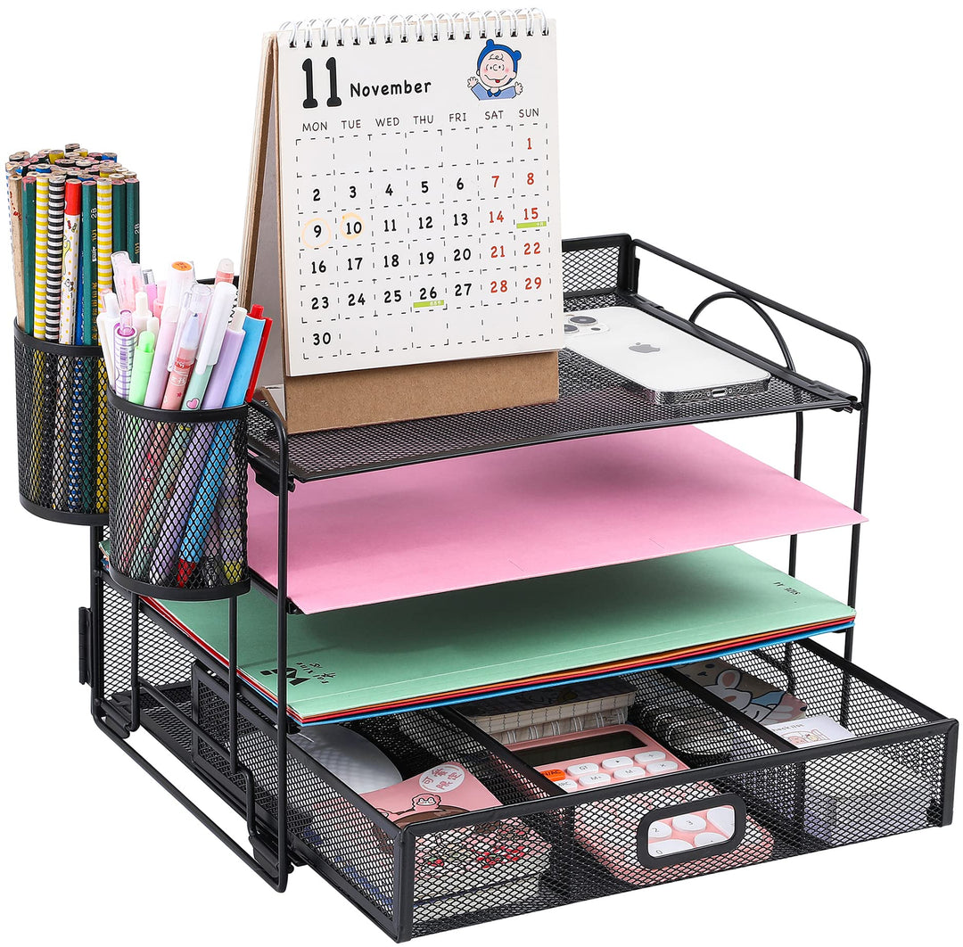 4-Trays Desktop File Organizer, Mesh Office Desk Supplies Organizer Dokument Brieffachhalter mit Sch