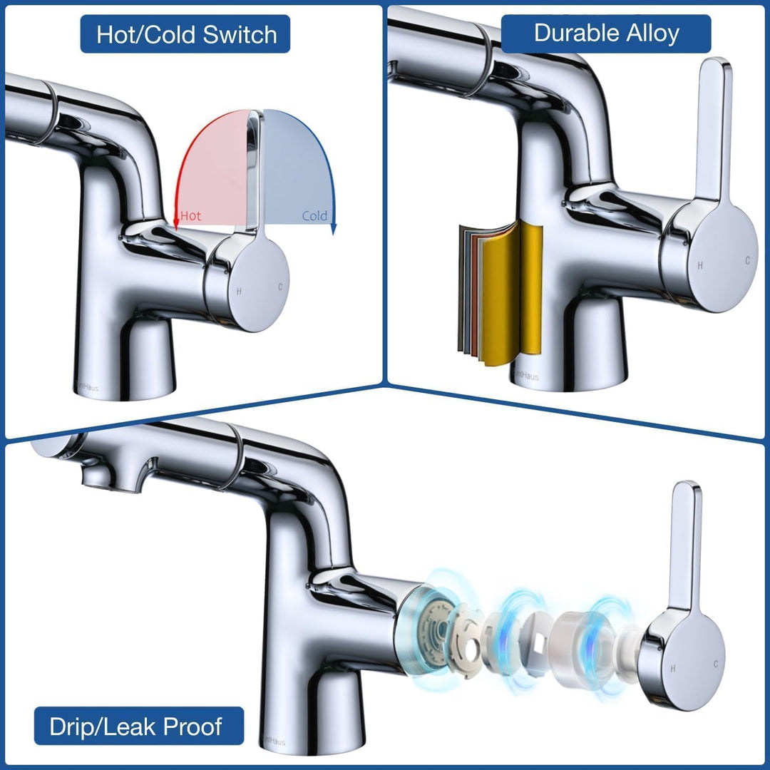 BuntHaus Wasserhahn Ausziehbarer mit Brause & Oberstrahl, Waschtischarmatur mit Auslauf Höhe 130 mm,