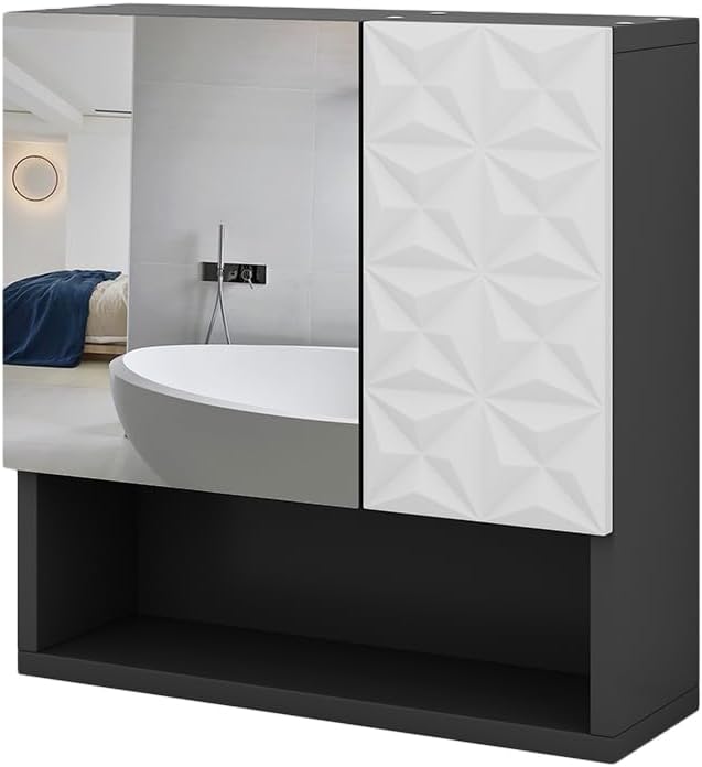 Vicco Bad Spiegelschrank Edge, Schwarz/Weiss, 54 x 55 cm mit Tür und offenen Fächern Schwarz Spiegel