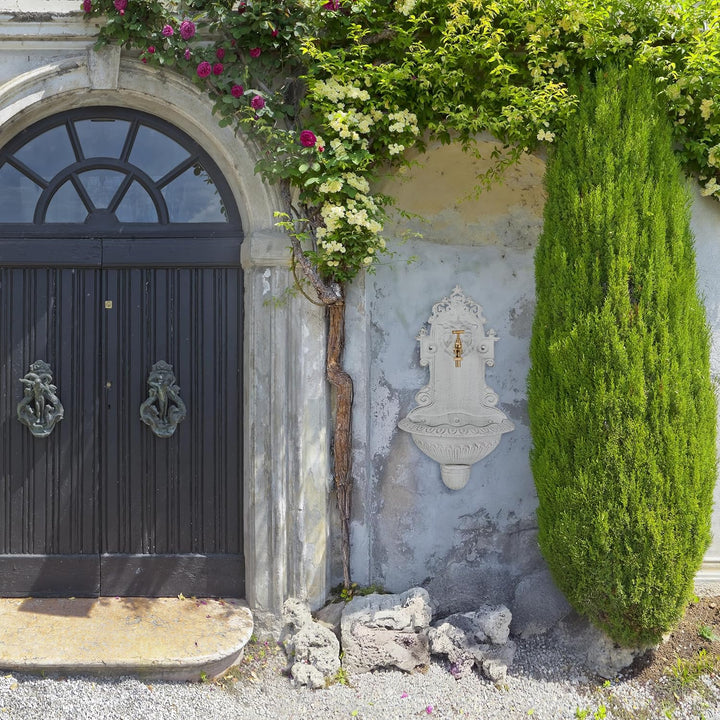 Relaxdays Wandbrunnen, Wasserspeier, Waschbecken & Wasserhahn, Gartenbrunnen HBT 61 x 35 x 18 cm, Gu