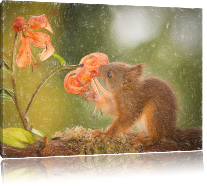 Pixxprint Eichhörnchen riecht an Einer Blume als Leinwandbild/Grösse: 100x70 cm/Wandbild/Kunstdruck/
