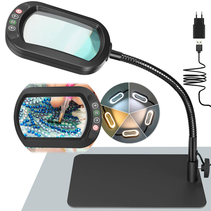 Drdefi 10X Rectangle Lupe mit Licht und Ständer, Echtes Glas Lupenlampe, 5 Farbmodi Stufenlos Dimmba