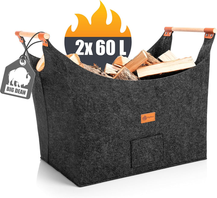 BigDean 2 Stück Holzkorb für Kaminholz belastbar bis 15kg – Brennholzkorb aus robustem Filz
