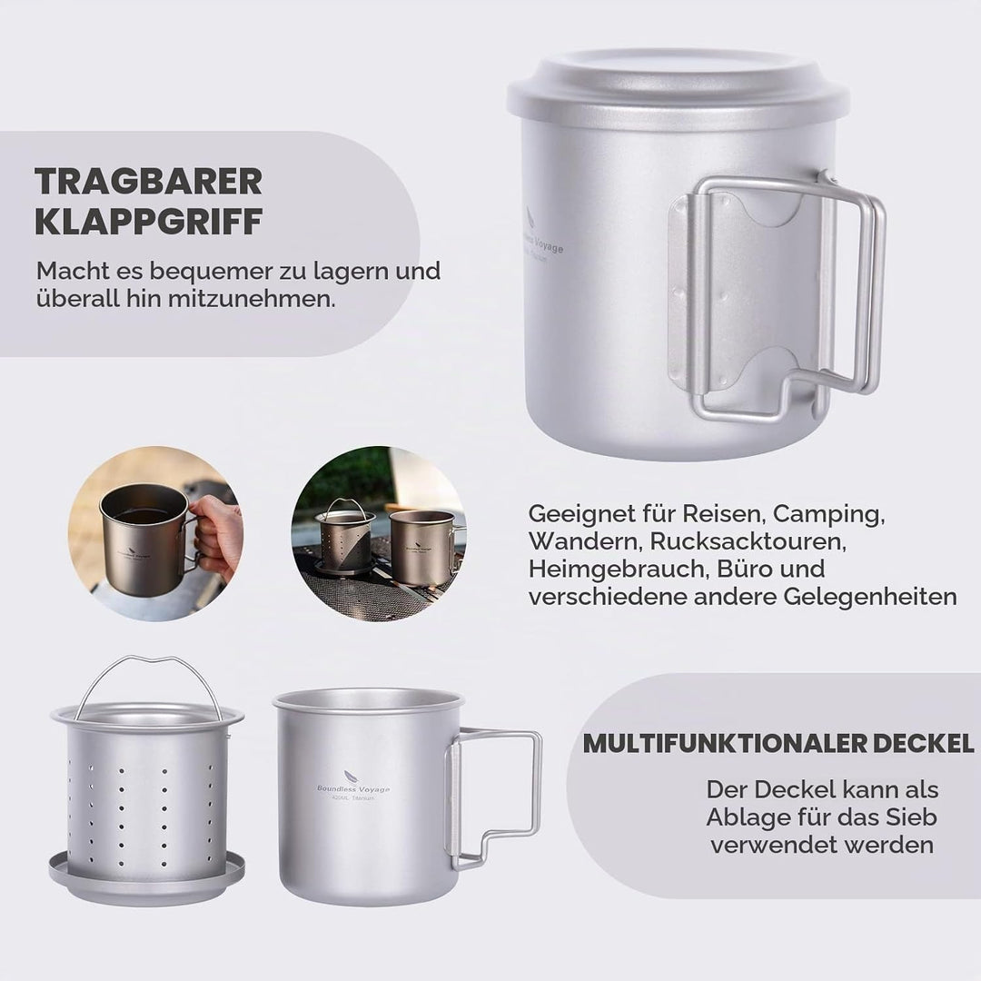 iBasingo 420ml / 14.2 fl oz Titan Becher mit Teesieb und Deckel Leichte Tasse mit Filter Outdoor Cam