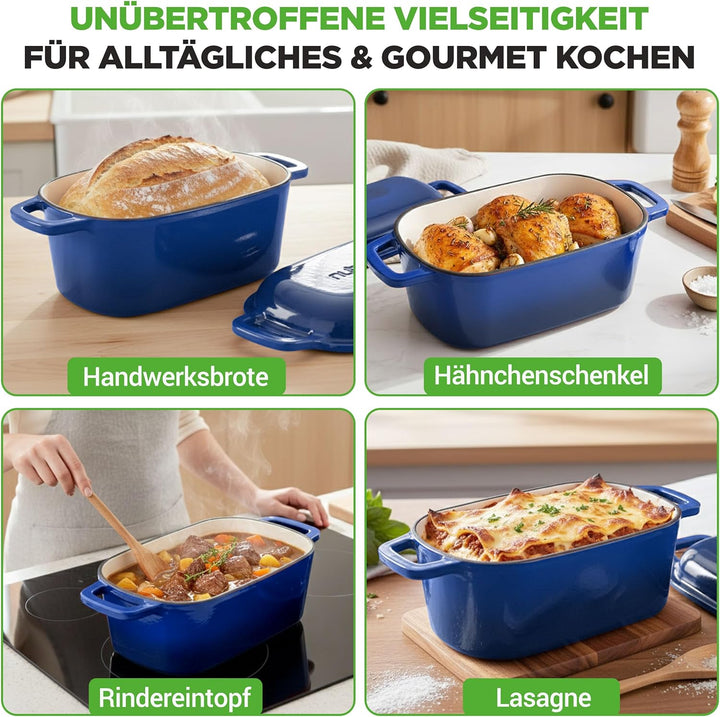NutriChef Gusseisen Topf - Brotbacktopf - mit Deckel - 25,4 cm ovaler Brottopf mit Silikonhandschuhe