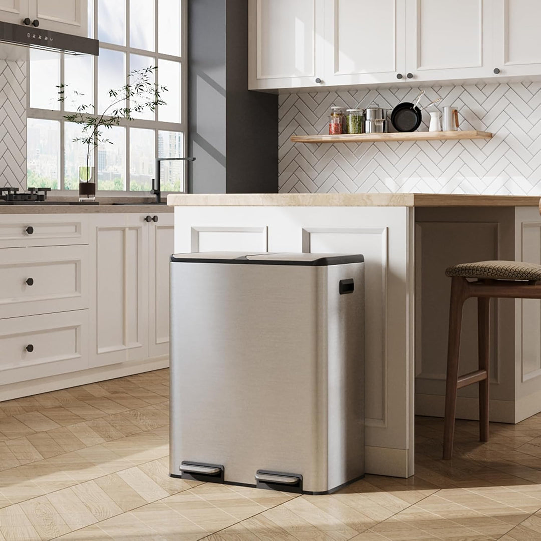 WLIVE Mülleimer 2 x 30L (60L Gesamtvolumen),Mülleimer Küche,Edelstahl Mülltrennsystem mit Mülleimer
