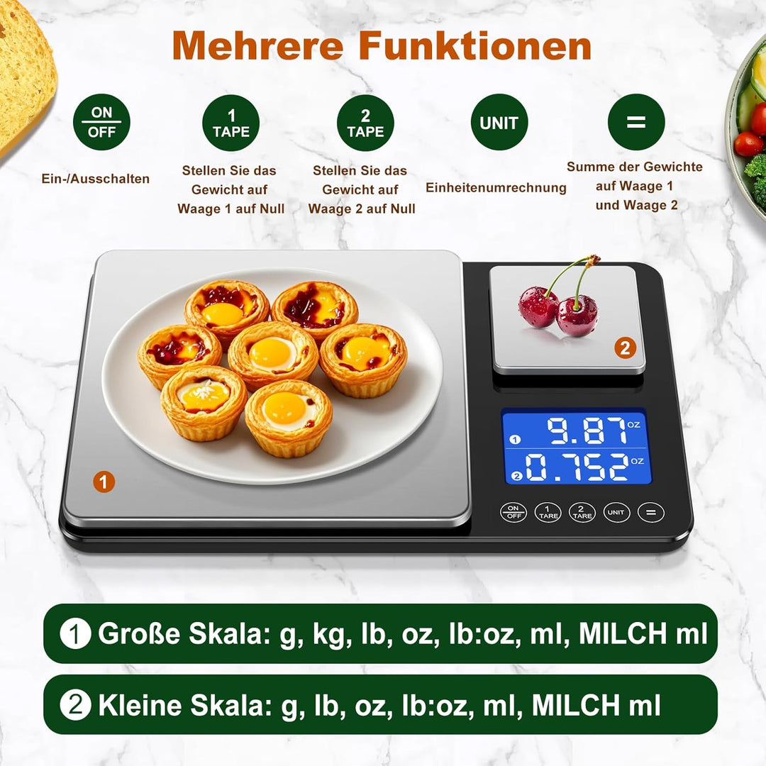 BRICH küchenwaage digital mit Dualer Plattform – 500g/0,01g & 15kg/1g Präzision, Summierfunktion, 7