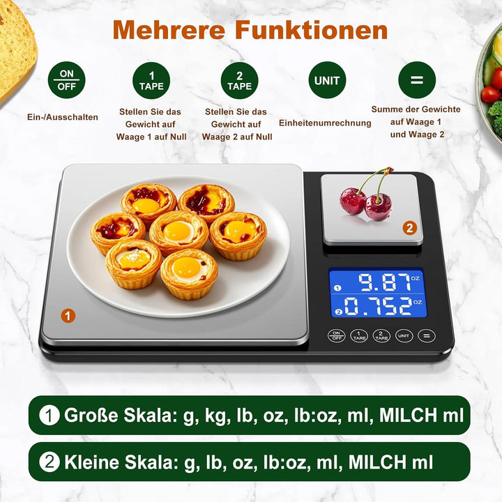 BRICH küchenwaage digital mit Dualer Plattform – 500g/0,01g & 15kg/1g Präzision, Summierfunktion, 7