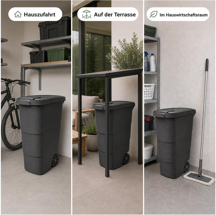 Mülltonne 90 L mit Deckel &amp; Rädern, Abfallbehälter Schwarz