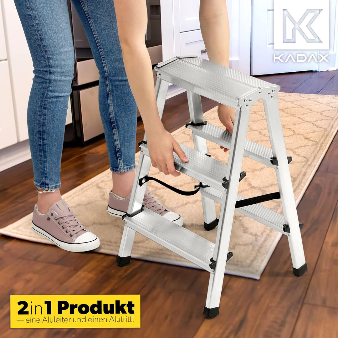KADAX Trittleiter aus Aluminium 3 Stufen, Klapptritt bis 125kg, Stufenleiter mit Antirutschstufen, S