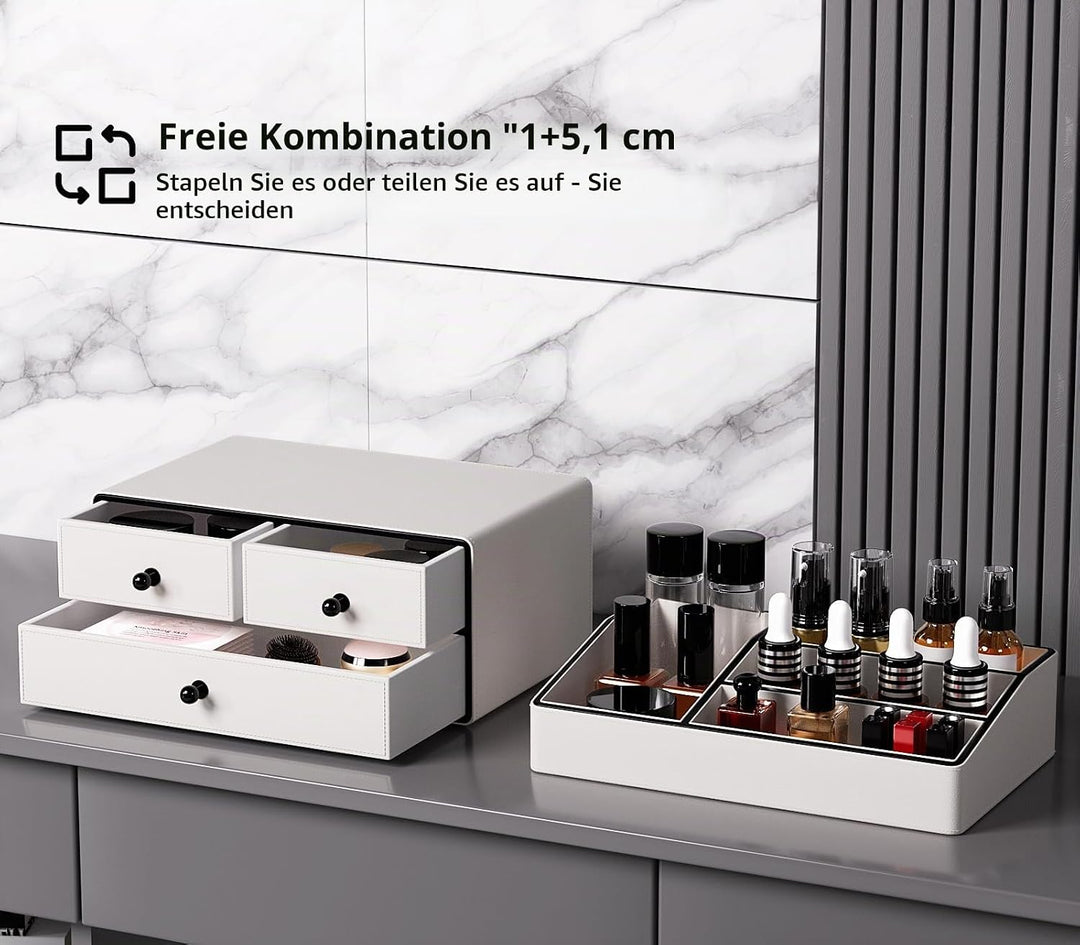 GORESE Make Up Kosmetik Organizer,2-Stöckig 3-Schubladen Leder schminktisch organizer Beauty Aufbewa
