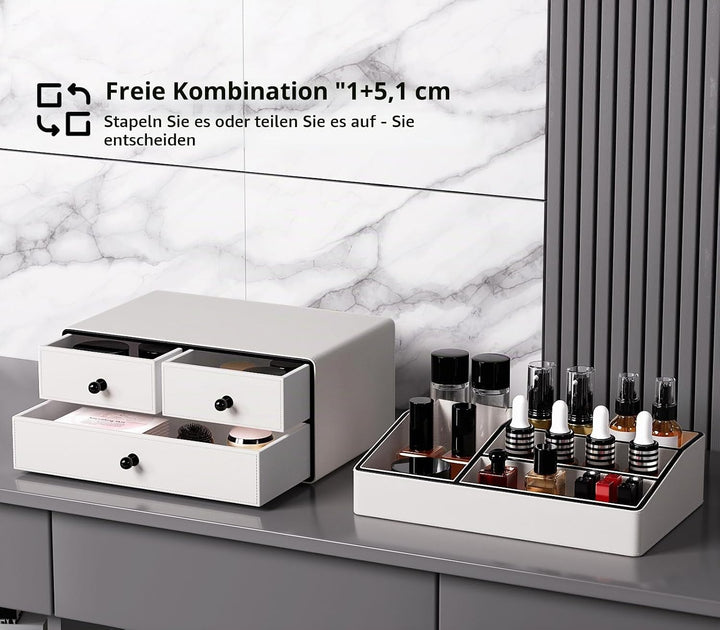 GORESE Make Up Kosmetik Organizer,2-Stöckig 3-Schubladen Leder schminktisch organizer Beauty Aufbewa