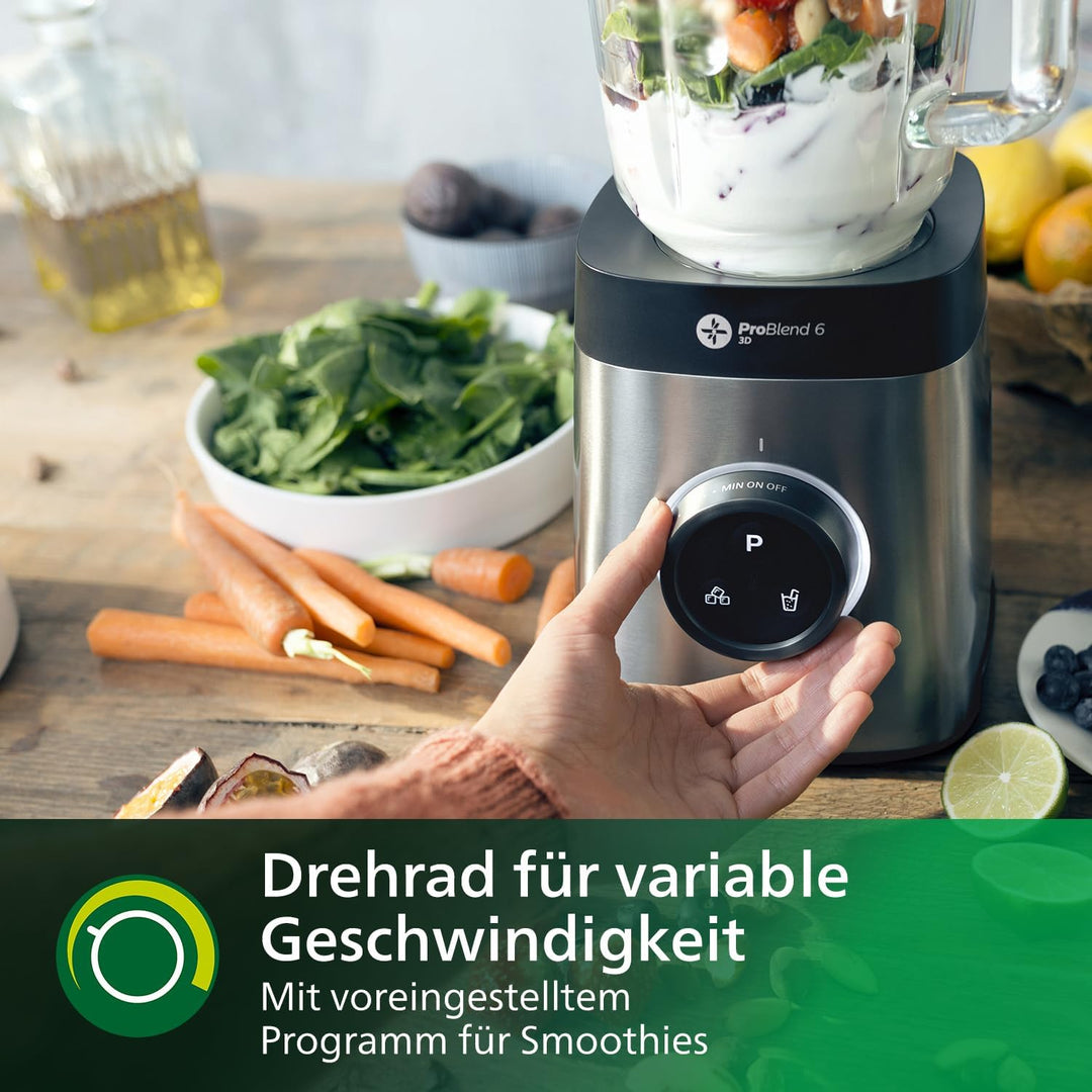 Philips HR3655/00 Standmixer (1400 Watt, ProBlend 6 3D Technologie, 2 Liter Glasbehälter, 2x Trinkbe