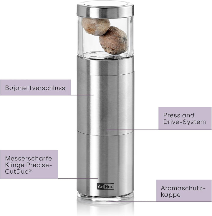 AdHoc Muskatmühle, Design Muskatreibe für ganze Muskatnüsse in Silber | Scharfe PreciseCutDuo Edelst