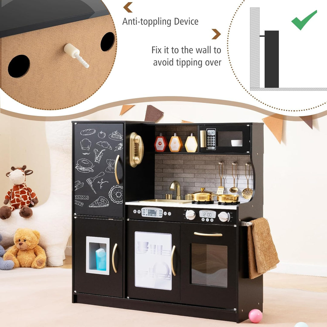 HOMASIS Spielküche mit 10 Zubehör, Kinderküche Holz, Spielzeugküche mit Tafel Spüle Herd Ofen Mikrow
