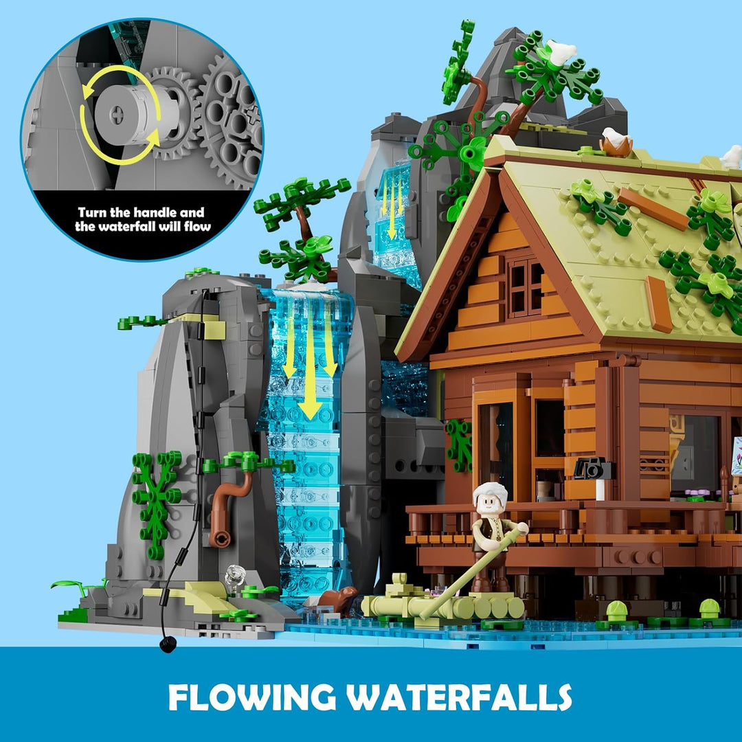 Lumibricks Waterfall Cabin Bauset mit Licht – 2539 Teile Retro Holzhaus mit beweglichem Wasserfall &