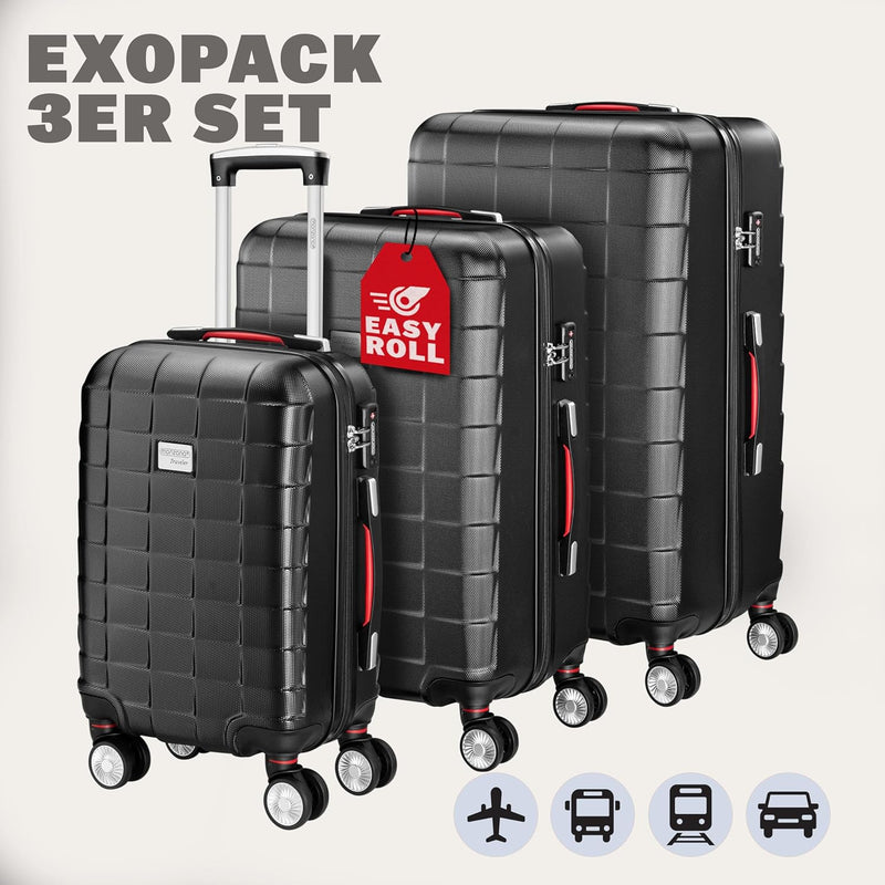 Monzana Exopack 3er Set Koffer | Schwarz M, L, XL | TSA Schloss, Gel-Griff | Reisekoffer Rollkoffer