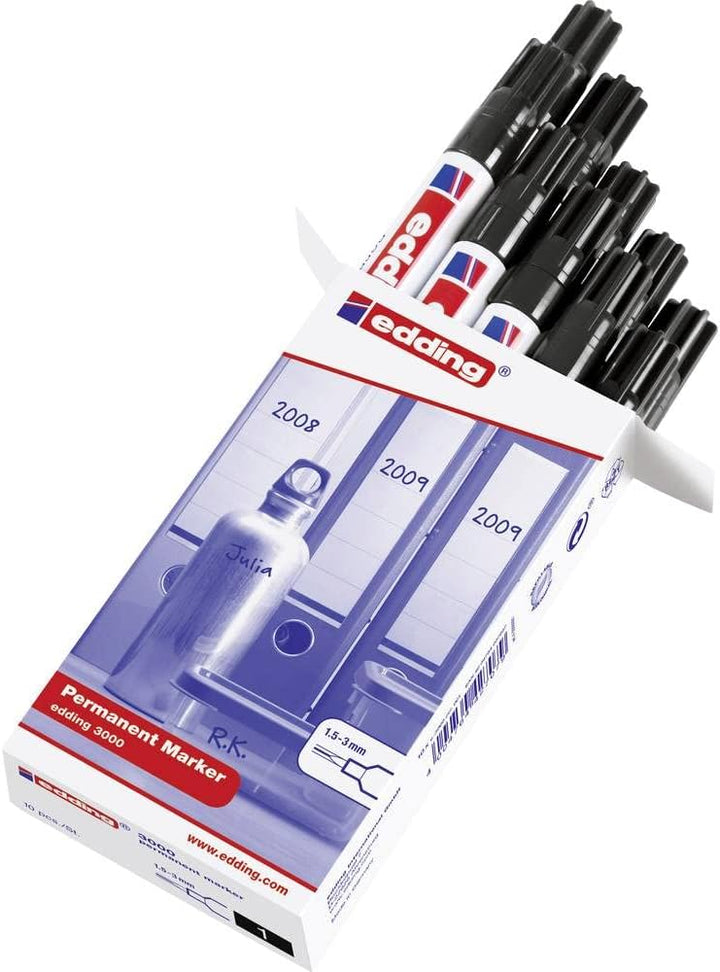 edding 3000 Permanentmarker - schwarz - 10 Stifte - Rund-Spitze 1,5-3 mm - schnell trocknender Perma