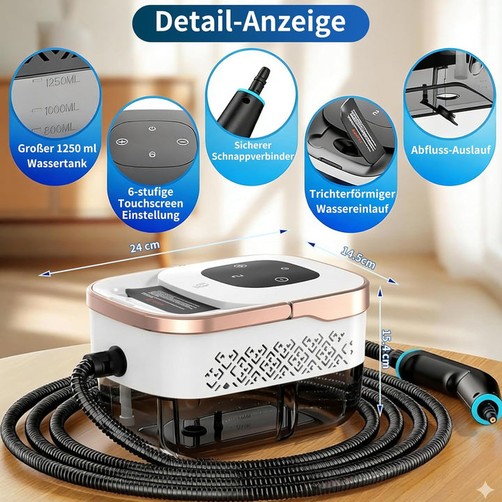 Dampfreiniger Handgerät, 2500W Handdampfreiniger, 8 Düsen, 6 Dampfstufen, 1250 ML Tank, 105℃ Hochtem