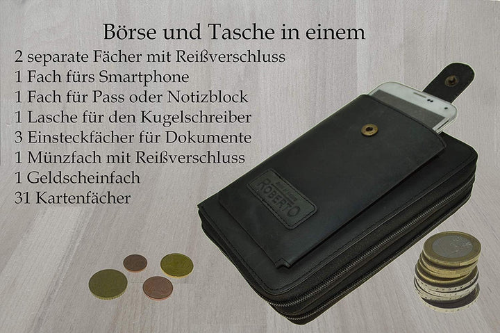 flevado Grosse Geldbörse Buisness Tasche Vintage Büffelleder Roberto Handgelenk Tasche Urlaubs Reise