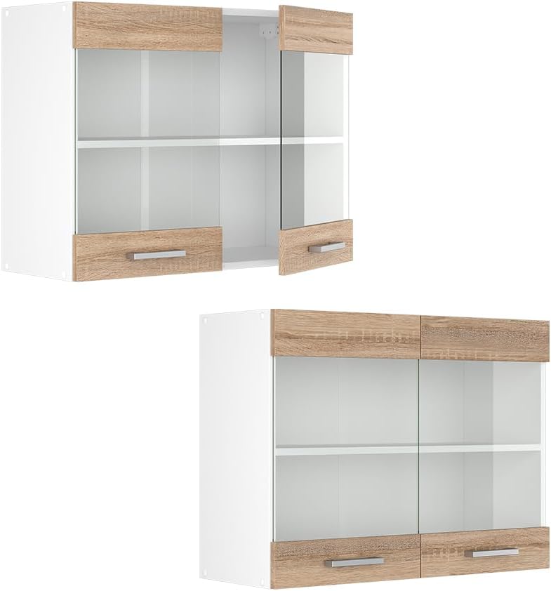 Vicco Küchenschrank Glas R-Line, Sonoma/Weiss, 80 cm Sonoma Hängeglasschrank 80cm, Sonoma Hängeglass