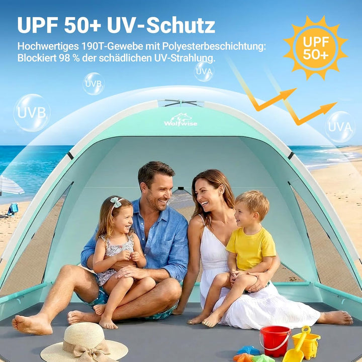 Wolfwise grosse Strandmuschel UV Schutz für 3-4 Personen, Strandzelt grosszügig mit Sonnenschutz UPF