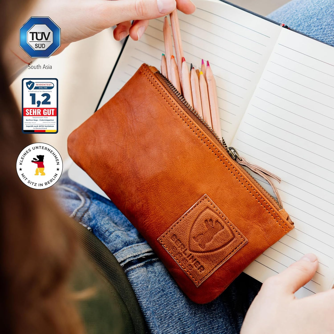 Berliner Bags Vintage Federmäppchen aus echtem Leder – Handgefertigtes Etui mit YKK-Reissverschluss,