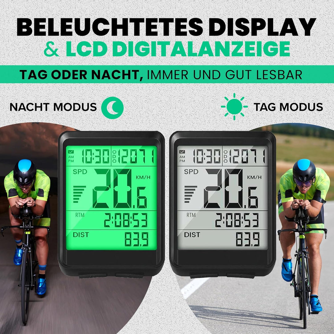 Strex Fahrradcomputer Kabellos - Wasserdicht - 17 Funktionen - Extra Grosser Bildschirm